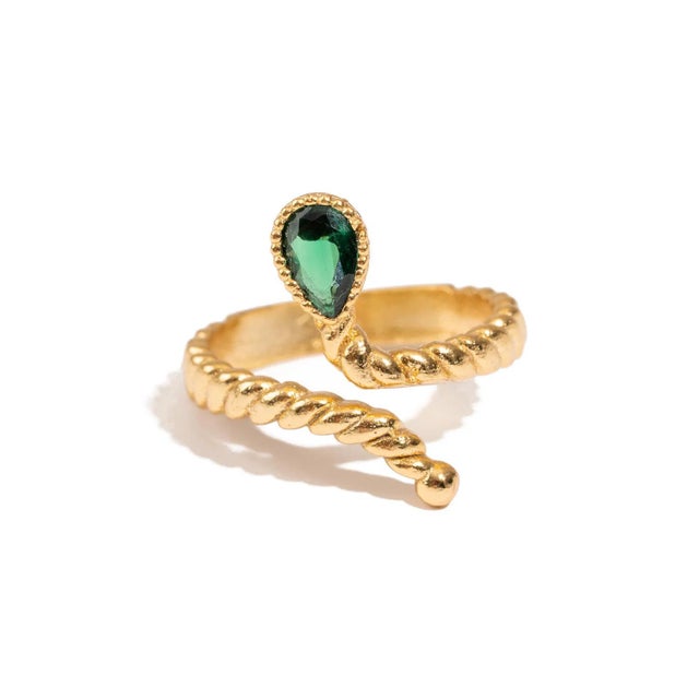 Metal Emerald Glow Teardrop Green Gemstone Gold Adjustable Ring, Size 8 For Sale - Image 7 of 7
