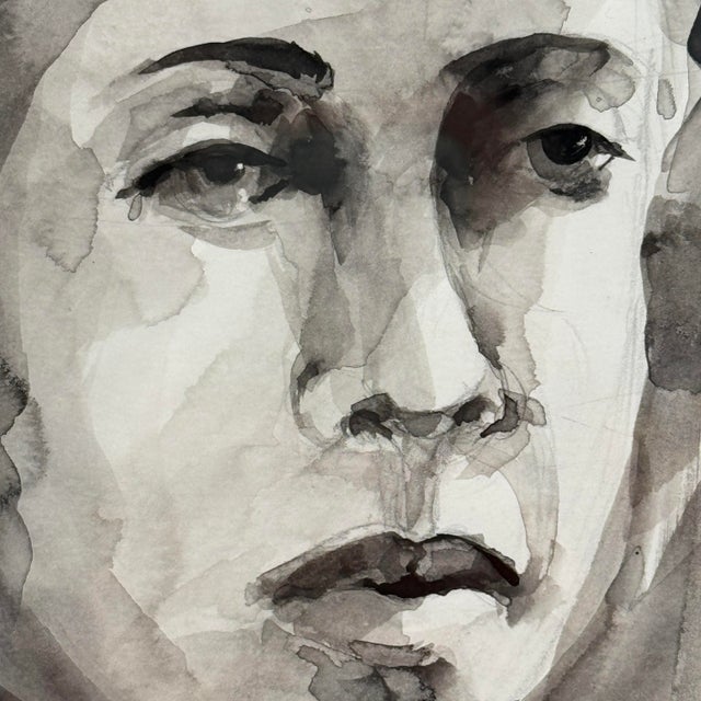 Original Monochrome Watercolor Portrait Framed Contemporary Figurative Painting For Sale - Image 4 of 12