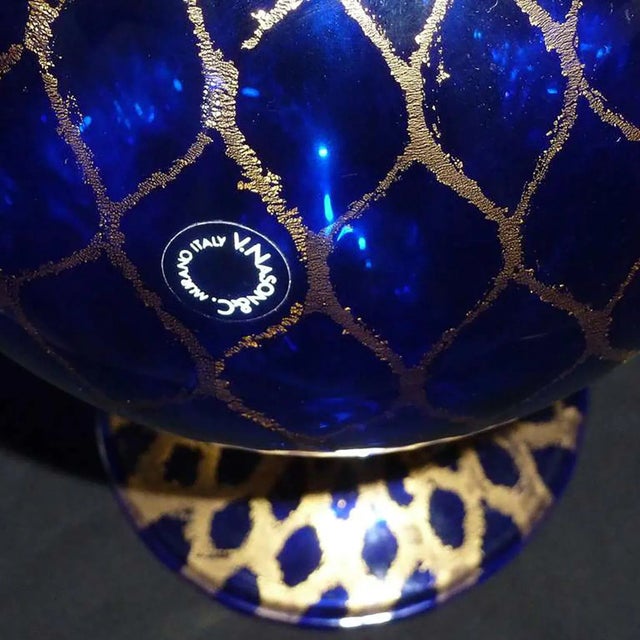 Murano Vintage Murano Nason Signed Sapphire Blue Gold Flecks Diamond Design Italian Art Glass Flower Vase For Sale - Image 4 of 7