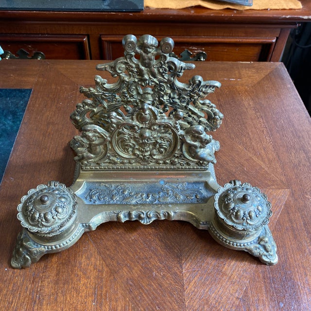 1970s Rococo Brass Double Ink Well For Sale - Image 4 of 4