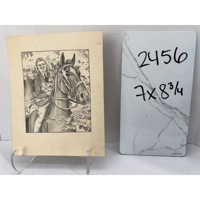 1940s 1940s Original Signed Graphite Illustration of Girl on Horseback, 8.75 X 7 In. For Sale - Image 5 of 5