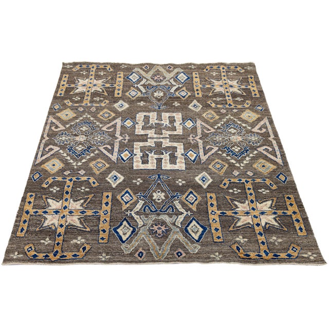 Modern Tulu Style Wool Area Rug – Geometric Tribal Motif in Earthy Brown & Cream For Sale In New York - Image 6 of 11