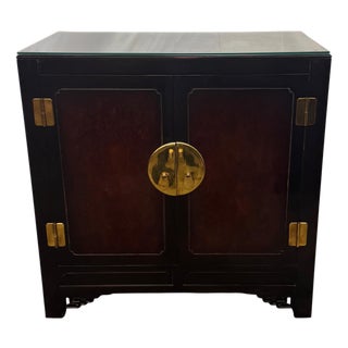 Vintage White Furniture Chinoiserie Style Burl Wood & Lacquer Storage Cabinet / Nightstand For Sale