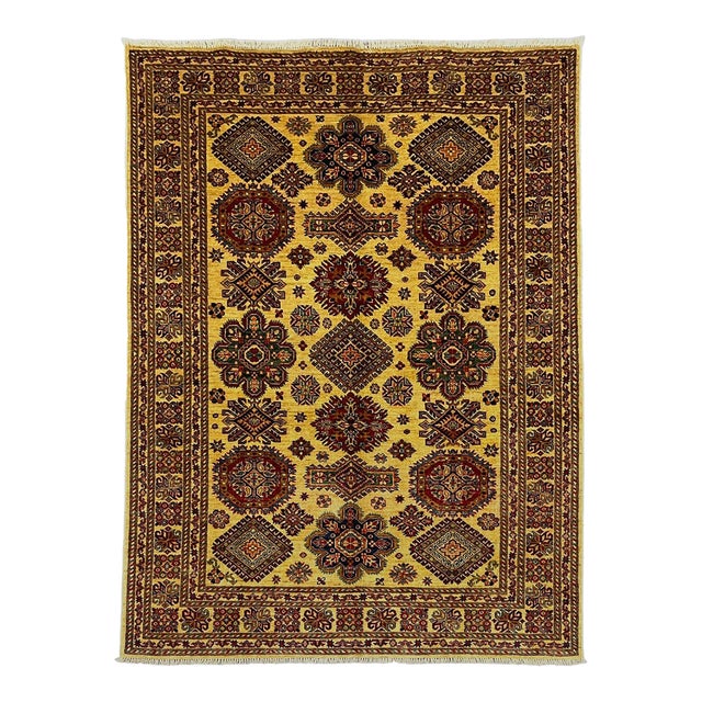 Cream Kazak Tribal Wool Rug With Medallions, 5'4" X 7'4" For Sale