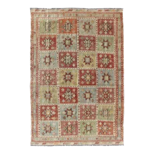 Midcentury Geometric Checkerboard Embroidered Flat-Weave Kilim Rug With Stars
