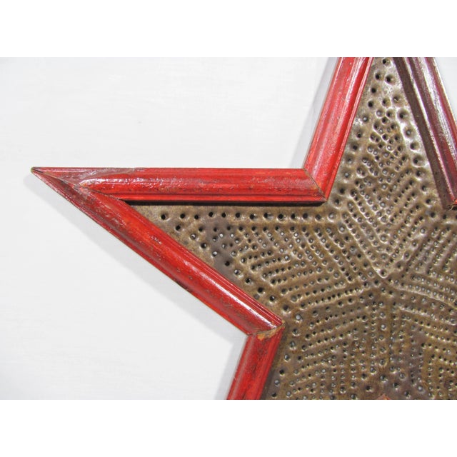 Mid 20th Century 25" Vintage American Handmade Farm Barn Rustic Punched Tin and Wood Garnet Red Star Hanging Wall Art For Sale - Image 5 of 13
