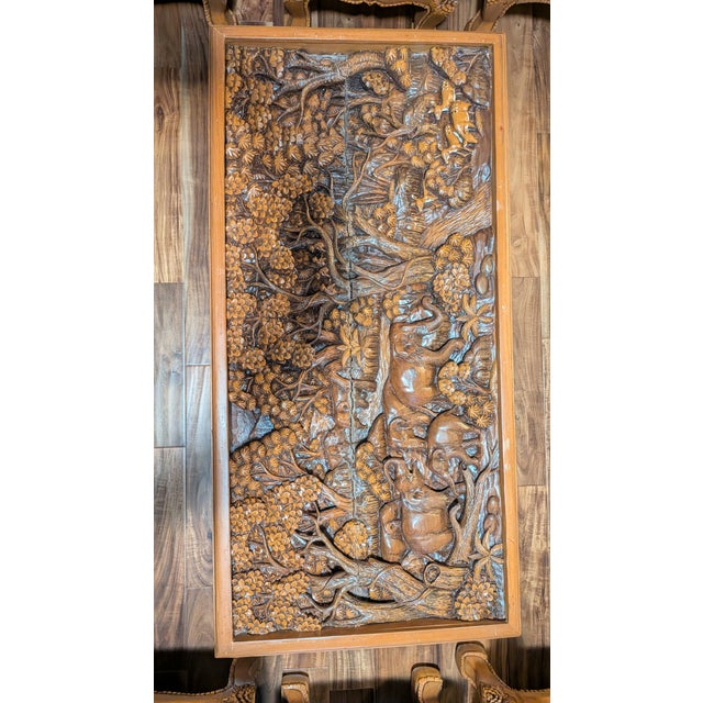 Mid-Century Modern Pure Forest Teakwood Highly Engraved Thailand Living Room 8-Piece Antique Furniture With Glass Tops , Pillows and Cushions Included in Addition For Sale - Image 3 of 11