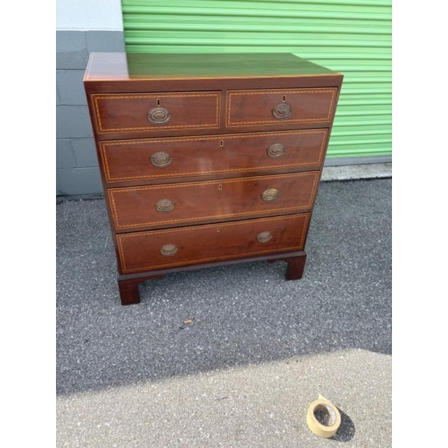 Mid 19th Century English Antique Mahogany Five Chest of Drawer Satinwood Inlay on Bracket Feet. For Sale - Image 5 of 9