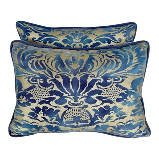 Pair of Corone Patterned Blue Fortuny Pillows For Sale