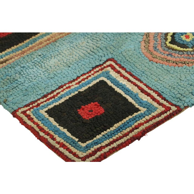 Antique Hooked Runner Rug in Blue With Geometric Medallions | Rug & Kilim For Sale In New York - Image 6 of 7