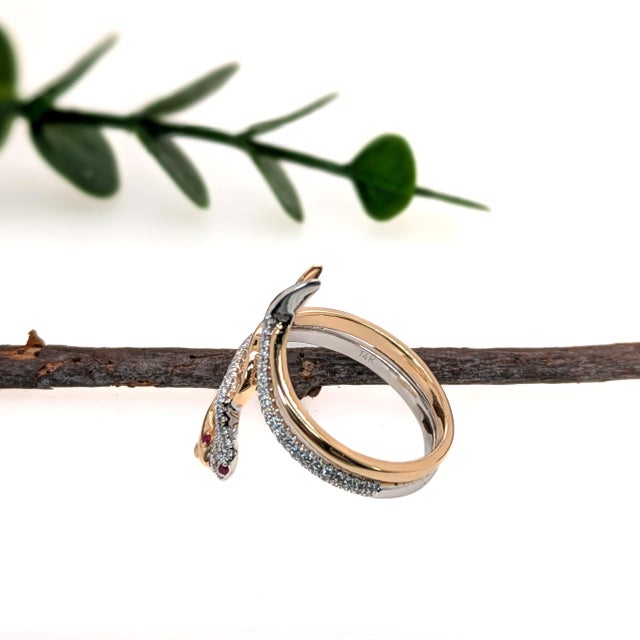 Double Snake Ring With Ruby and Diamond Accents: 14k Dual Yellow and White Gold For Sale In Columbus - Image 6 of 6