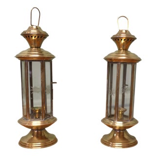 Vintage Etched Glass 6-Sided Candle Lanterns, 1970, Set of 2 For Sale