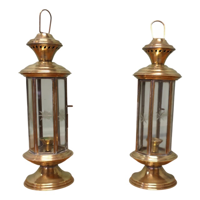 Vintage Etched Glass 6-Sided Candle Lanterns, 1970, Set of 2 For Sale