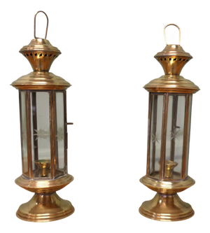 Vintage Etched Glass 6-Sided Candle Lanterns, 1970, Set of 2