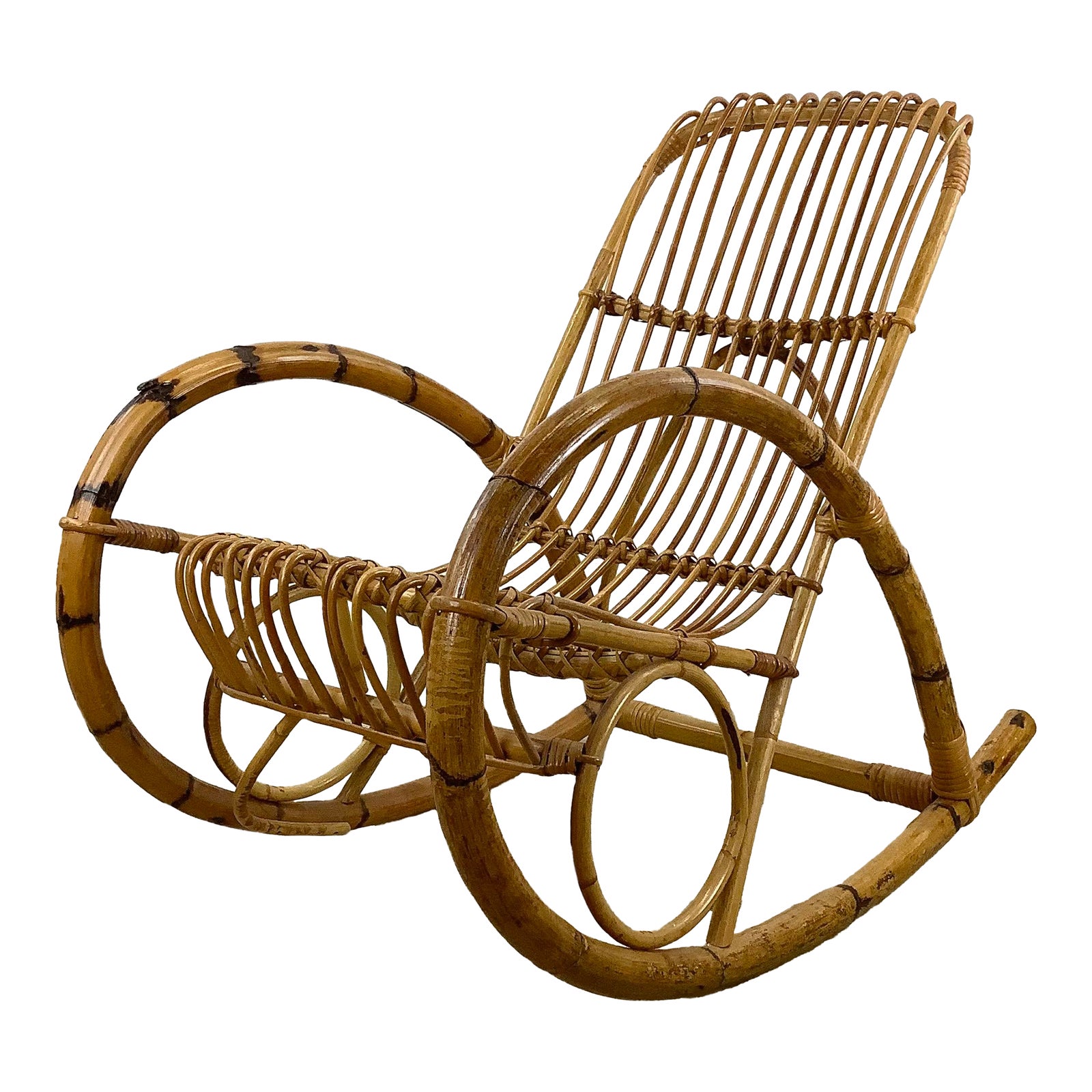 Vintage High-Back Rattan Rocker After Franco Albini | Chairish