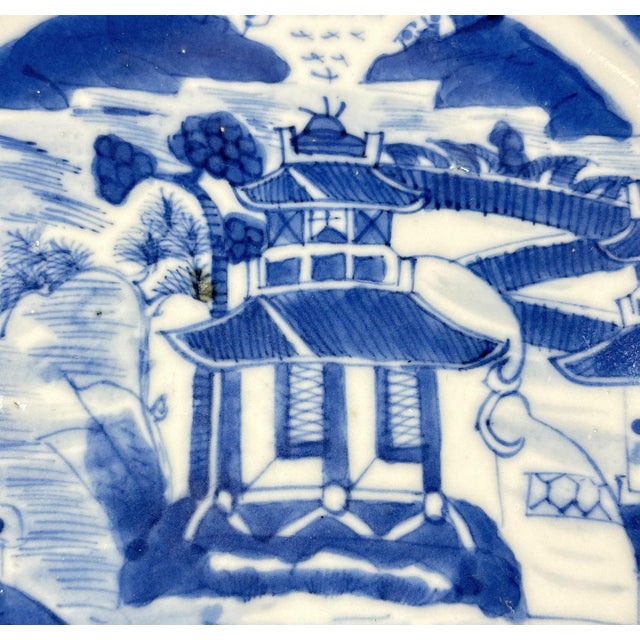 Asian Mid 19th Century Authentic Qing Dynasty Chinese Canton Blue & White Nankink 8.5" Scenic Bowl With Wood Stand For Sale - Image 3 of 7