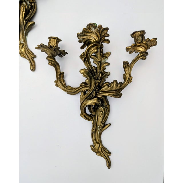 1920s 1920s Pair of 3 Arm Rococo Style Candle Sconces in Brass For Sale - Image 5 of 8
