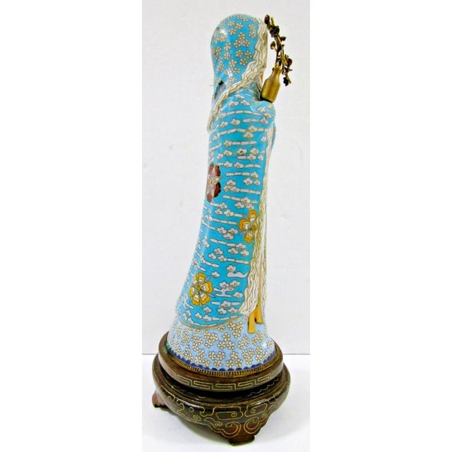 Antique Asian Blue Cloisonne Figurine Holding Brass Vase With Lotus Wood Base For Sale - Image 4 of 16