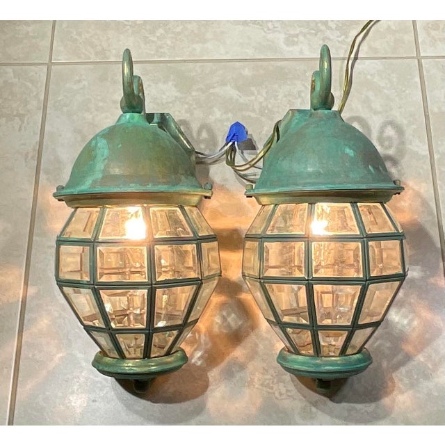 Hollywood Regency Funky Vintage Pair of Solid Brass Verdigris Wall Lanterns - 14”h X 7” W X 8”.5 D For Sale - Image 3 of 17