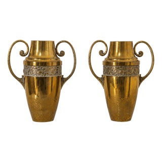 Art Nouveau Brass Floral Vases, France, 1930, Set of 2 For Sale