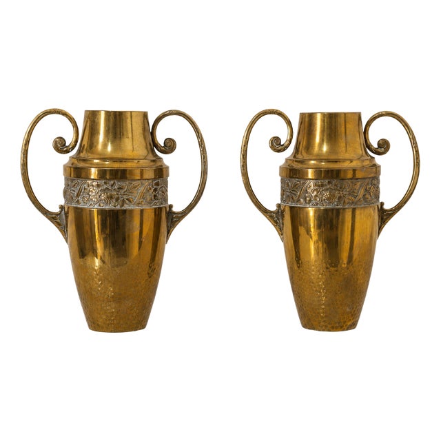 Art Nouveau Brass Floral Vases, France, 1930, Set of 2 For Sale