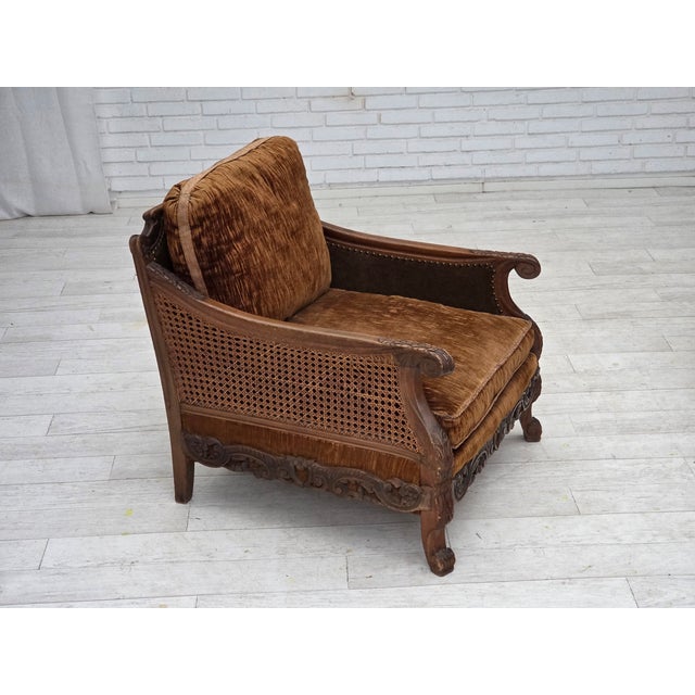 Danish Armchair in Velour and Carved Ash, 1930s For Sale - Image 10 of 18