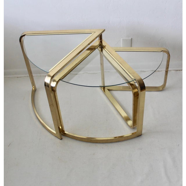 1980s Fan Nesting Table by Design Institute of America Three Tier Brass Flat Bar Glass Expandable For Sale - Image 10 of 12