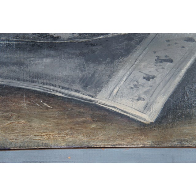 Blue Mario Russo Italian Master Oil Painting Giornale Cappello Newspaper Hat 24" For Sale - Image 8 of 12