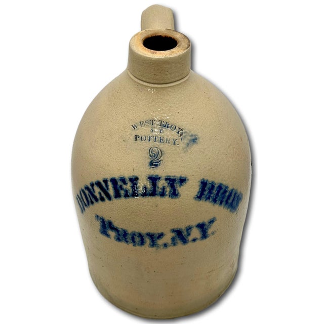 Antique American Blue Decorated 2 Gallon Stoneware Advertising Jug by West Troy Pottery Co. New York Circa 1880s For Sale In Boston - Image 6 of 18