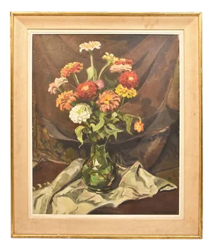 Yellow and Red Zinnia Flowers, Oil on Wood, 20th Century