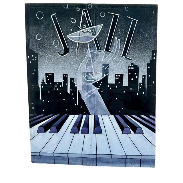 Large 12' foot tall hand-painted artwork oil painting on a canvas featuring "Jazz" with two female hands holding a martini...