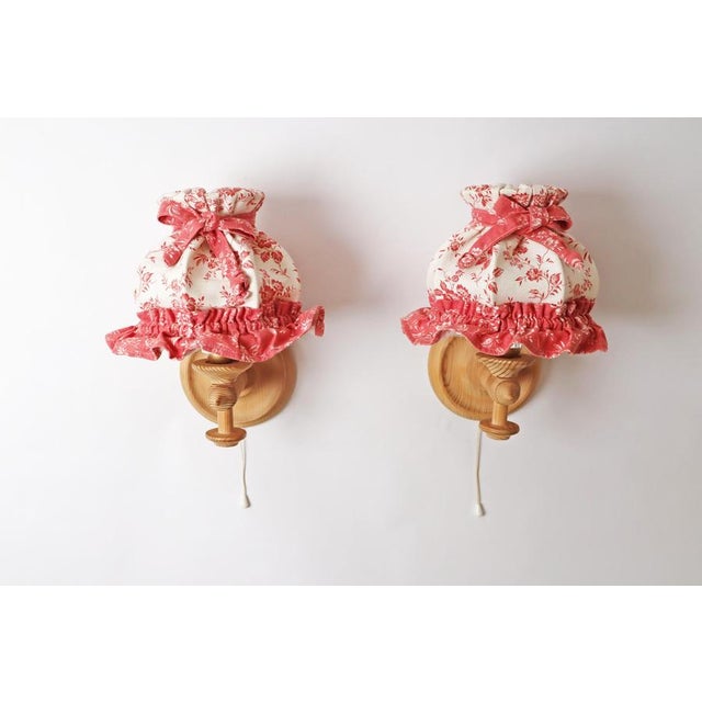 Swedish Pinewood Wall Lamps with Floral Textile Shades, 1970s, Set of 2 For Sale - Image 10 of 18