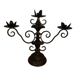 Heavy Vintage 3-Arm Candelabra With Weathered Brown and Black Finish Centerpiece