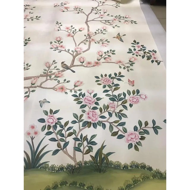 Pink Peony Chinoiserie Mural Hand Painted Wallpaper 36"w X 96" Panel For Sale - Image 6 of 10