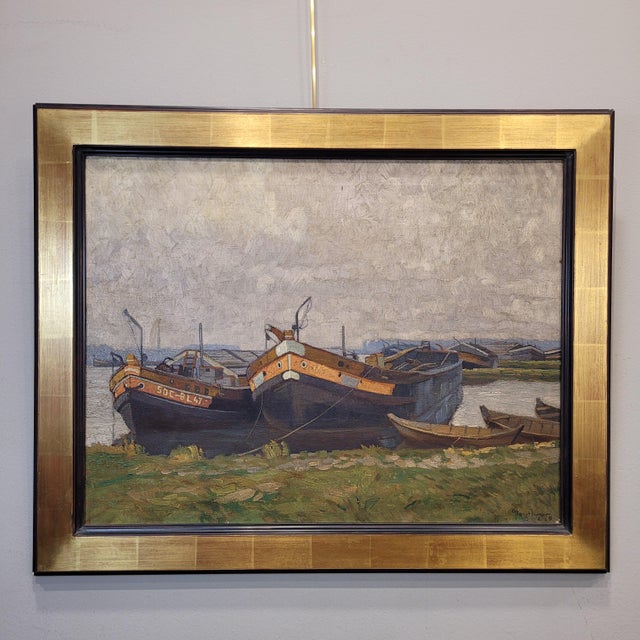 Gerard Beutner, Boats Moored on the Shore, 1920s, Oil on Canvas, Framed For Sale - Image 4 of 18