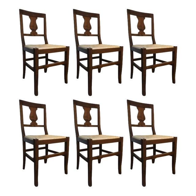 Rustic Walnut Chairs, Italy, 1970s, Set of 6 For Sale