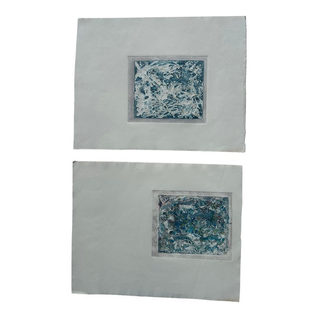 1970s Pair of Small Blue Abstract Block Prints For Sale