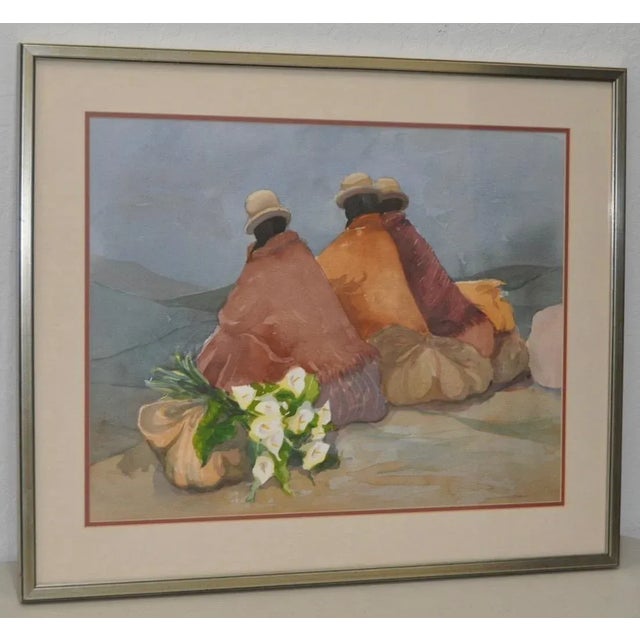Paint Latin American Women W/ Calla Lilies Original Watercolor by Sabine For Sale - Image 7 of 7