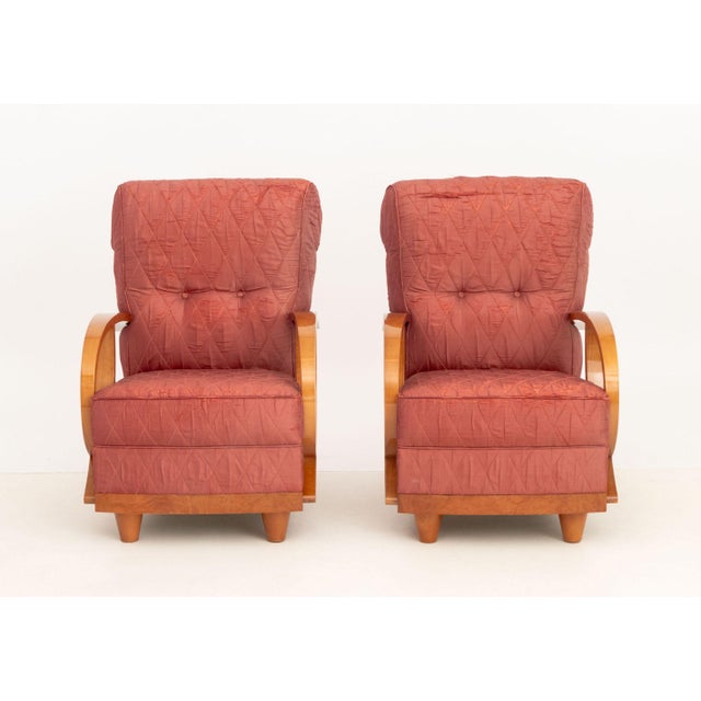 Pair of Art Deco Magenta Silk Upholstered Bentwood Arm Chairs, the underside marked for the upholsterer. 36.75" H x 24.75"...