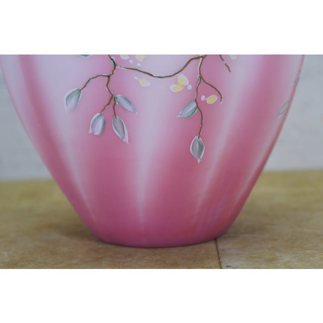 1992 Fenton Rosalene Pink Twining Floral Satin Glass Melon Vase Urn 7" For Sale - Image 10 of 13
