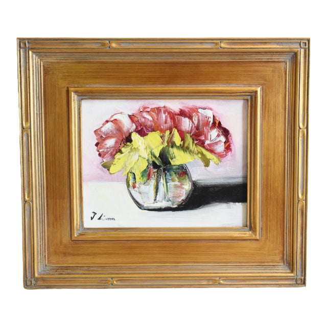 Red & Yellow Bouquet Flowers in Vase Oil Painting Including the Antiqued Gold Wood Frame For Sale