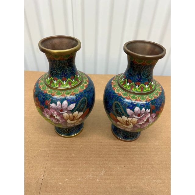 Chinese Mid 20th Century Vintage Chinese Cloisonne Floral Decorated Vases- a Pair For Sale - Image 3 of 7
