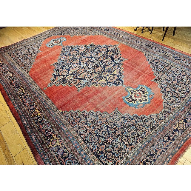 19th Century Oversized Persian Bidjar Rug, Hand-Knotted Wool, Geometric Pattern, Red & Navy, 11x15 For Sale - Image 4 of 18