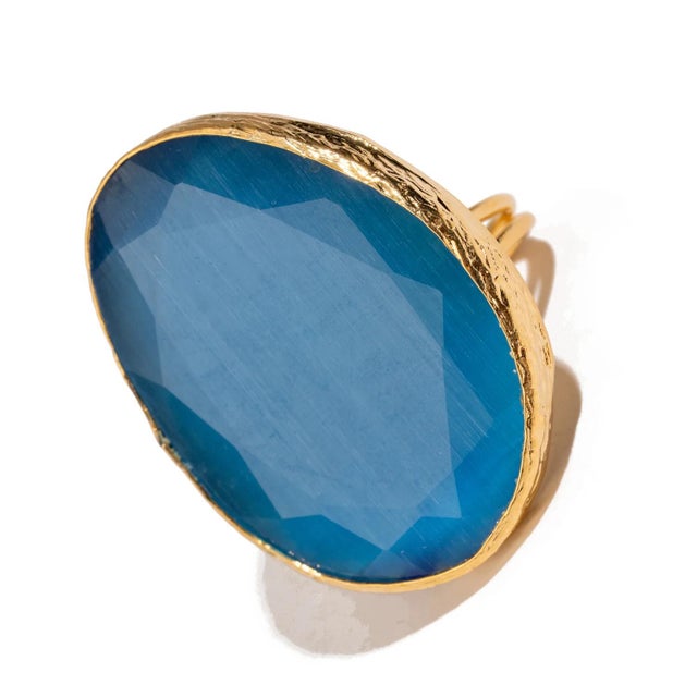 Boho Chic Gypsy Soul Blue Cat Eye Gold Statement Ring, Size 8 For Sale - Image 3 of 8