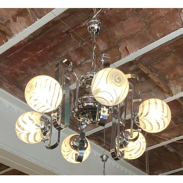 Space Age Polished Chromium with Six Murano-Opaline Glass Globes Chandelier by Mazzega, 1970s For Sale - Image 4 of 5