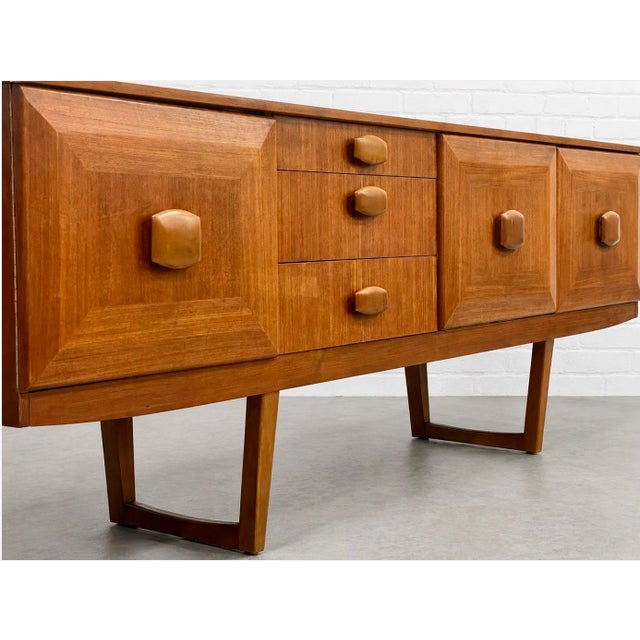 Mid Century Modern Teak Credenza by Stonehill | Long Sideboard With Funky Sculpted Pulls and Sled Legs, Made in England, C. 1960’s For Sale - Image 9 of 18