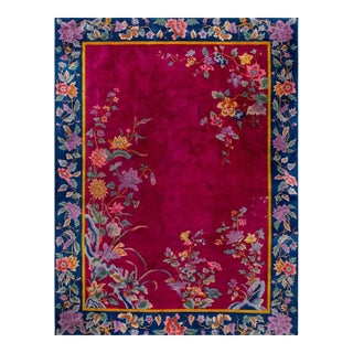 1920s Red Open Field Antique Walter Nichols Chinese Wool Art Deco 8'10" X 11'2" For Sale