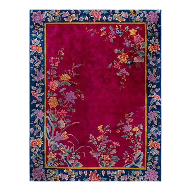 1920s Red Open Field Antique Walter Nichols Chinese Wool Art Deco 8'10" X 11'2" For Sale