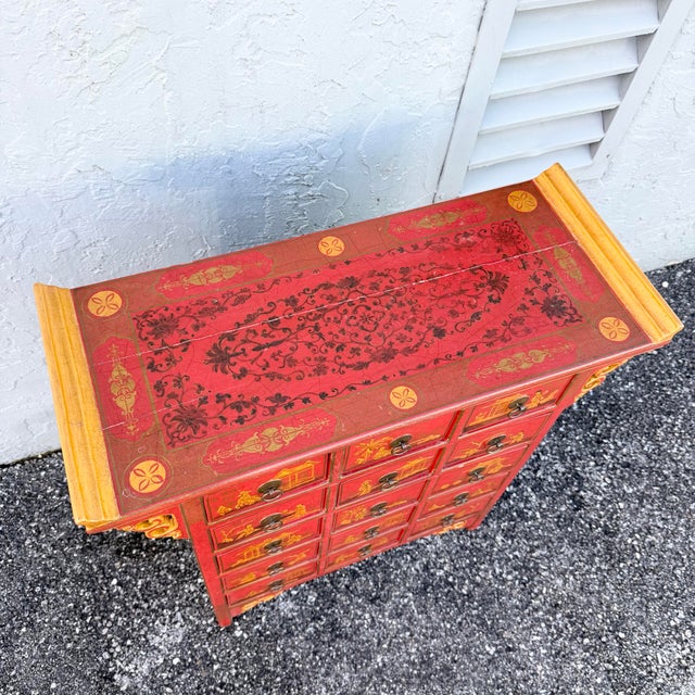 Chinese Vintage Chinese Hand Painted Red Angle Apothecary Dresser For Sale - Image 3 of 9