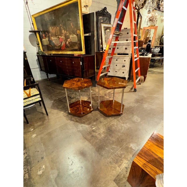 Crafted in the Italian art deco style, these walnut and chrome hex side tables add a touch of sophistication and elegance...